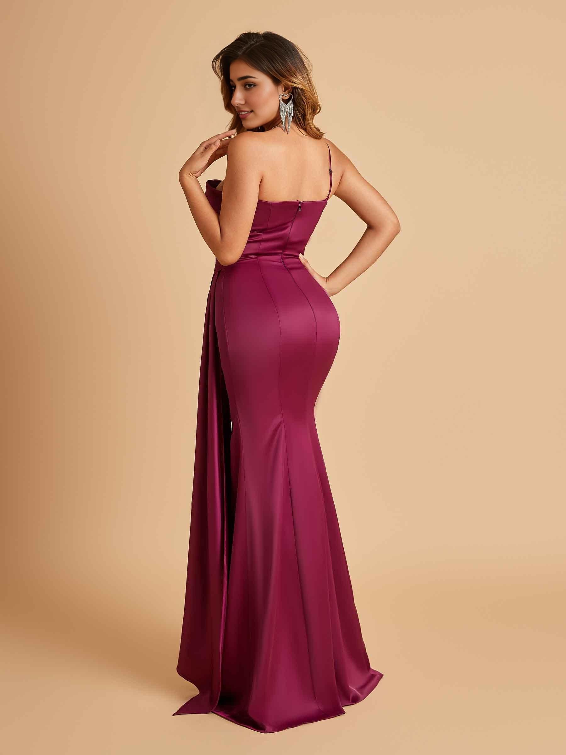 Satin One Shoulder Mermaid Prom Dresses Side Slit Floor Length